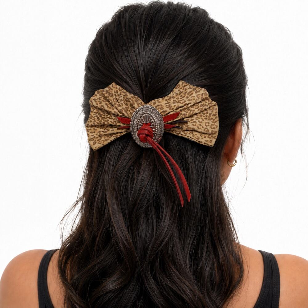 Vintage 80s French Leopard Kid Suede Barrette Red Leather Concho Hair Bow